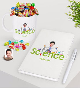 BK Gift Kişiye Özel Erkek Fen Bilimleri Öğretmeni Beyaz Defter Kalem Şekerli Kupa Seti-1 (Model 1)