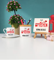 Mesajlı Optisyen Tasarımlı Kişiye Özel Optisyen Türk Kahvesi Fincanı Kalemlik ve Dekoratif Taş Baskı Hediye Seti