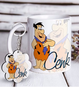 BK Gift Kişiye Özel Fred Flintstone Beyaz Kupa ve Anahtarlık Hediye Seti (Model 1)