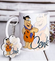 BK Gift Kişiye Özel Fred Flintstone Beyaz Kupa ve Anahtarlık Hediye Seti (Model 1)