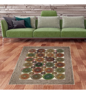 Jüt Hasır Kilim Görünümlü Dijital Baskılı Kaymaz Taban Yıkanabilir Modern Salon Halısı Antrasit (Yeşil)