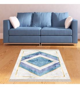 Geometrik Karo Desenli Dijital Baskı Yıkanabilir Kaymaz Taban Modern Salon Halısı ve Yolluk  (Mavi)