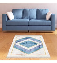 Geometrik Karo Desenli Dijital Baskı Yıkanabilir Kaymaz Taban Modern Salon Halısı ve Yolluk  (Mavi)