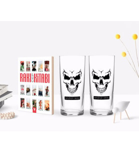 BK Gift Kişiye Özel Renkli Baskılı Erkek Kurukafa Tasarımlı İkili Rakı Bardağı ve Rakı Cep Kitabı Hediye Seti-1 (Model 1)