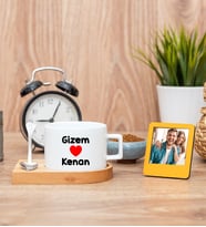 Sevgililere Özel İsim Yazılı Fincan ve Turuncu Mini Fotoğraf Çerçevesi