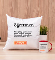 Öğretmen Kelime Anlamı Kare Yastık ve Kırmızı Kupa Bardak
