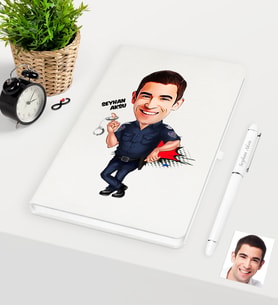 BK Gift Kişiye Özel Bay Polis Karikatürlü Beyaz Defter Kalem Seti - 2