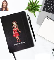 Kişiye Özel Bayan Karikatürlü Siyah Defter Kalem Hediye Seti Model-11