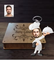 Kişiye Özel Aşçı Karikatürlü Ahşap Anahtarlık Kutulu Bay-3