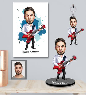 Kişiye Özel Gitarist Karikatürlü 3 lü Hediye Seti Bay-2
