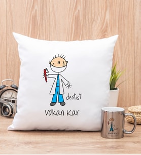 Erkek Diş Hekimi Karikatürü Yastık ve Silver Kupa Bardak
