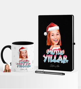 BK Gift Kişiye Özel Yılbaşı Temalı Bayan Karikatürlü Siyah Defter Kalem Kupa Seti - 5