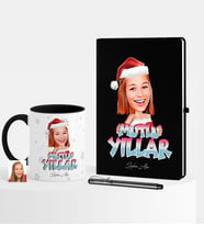 BK Gift Kişiye Özel Yılbaşı Temalı Bayan Karikatürlü Siyah Defter Kalem Kupa Seti - 5