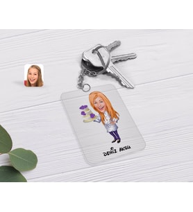 BK Gift Kişiye Özel Kadın Chef Karikatürlü Şeffaf Pleksi Anahtarlık-2 (Beyaz)