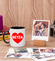 İsim Yazılı Kalpli Siyah Kupa Bardak ve Ahşap Standlı Polaroid Set
