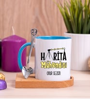 Harita Mühendisi Ahşap Altlıklı Mavi Kupa Bardak