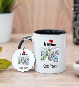 İç Mimar Siyah Kupa Bardak Ve Anahtarlık Set