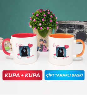 İkili Sevgiliye Sevgililer Günü Hediyesi 7 Kupa Bardak Kırmızı Turuncu
