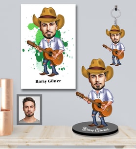 Kişiye Özel Gitarist Karikatürlü 3 lü Hediye Seti Bay-1