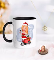 BK Gift Kişiye Özel Kadın Yeni Yıl Karikatürlü Siyah Kupa ve Kar Tanesi Kolye-1 (Model 1)