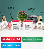 İkili Kırmızı Kişiye Özel Baba ve Anne Kupa Bardak Anahtarlık Hediye Seti
