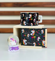 Unicorn Ahşap Kutulu Fincan Ve Kar Küresi Hediye Seti Siyah