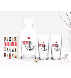 BK Gift Kişiye Özel Renkli Baskılı Kaptan Tasarımlı İkili Rakı Bardağı Karaf ve Cep Kitabı Hediye Seti-1 (Model 1)