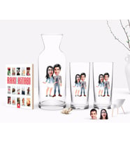 BK Gift Kişiye Özel Renkli Baskılı Sevgililer Karikatürlü İkili Rakı Bardağı Karaf ve Cep Kitabı Hediye Seti-81 (Model 1)