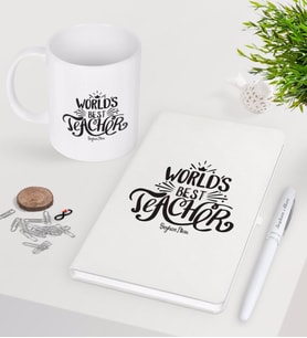 BK Gift Kişiye Özel Dünyanın En İyi Öğretmeni Beyaz Defter Kalem Kupa Seti-30 (Model 1)