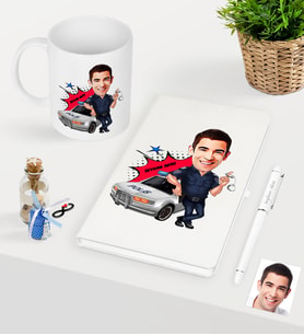BK Gift Kişiye Özel Bay Trafik Polisi Karikatürlü Beyaz Defter Kalem Kupa Seti - 1 (Model 1)