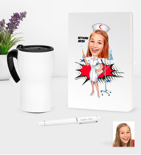 BK Gift Kişiye Özel Hemşire Karikatürlü Beyaz Defter Kalem ve Termos Mug Seti - 2 (Model 1)