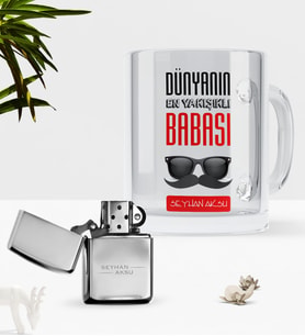 BK Gift Kişiye Özel Dünyanın En Yakışıklı Babası Cam Kupa Bardak Benzinli Metal Çakmak Seti-2 (Model 1)