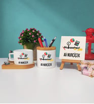 Muhasebeci Ahşap Altlıklı Fincan Kalemlik ve Dekoratif Taş Baskı Seti