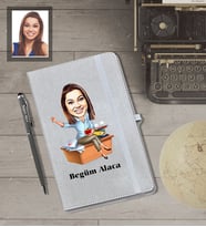 Kişiye Özel Öğretmen Karikatürlü Gri Defter Kalem Hediye Seti  Bayan-2