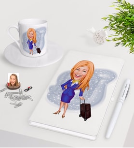 BK Gift Kişiye Özel Hostes Karikatürlü Beyaz Defter Kalem Türk Kahvesi Fincanı Seti-2 (Model 1)