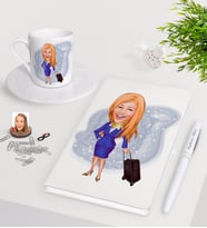 BK Gift Kişiye Özel Hostes Karikatürlü Beyaz Defter Kalem Türk Kahvesi Fincanı Seti-2 (Model 1)