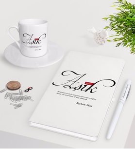 BK Gift Kişiye Özel Mânâ Aşık Beyaz Defter Kalem Türk Kahvesi Fincanı Seti-1 (Model 1)