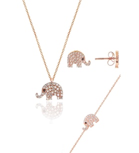 Söğütlü Silver Gümüş rose zirkon taşlı fil kolye bileklik ve küpe gümüş üçlü set