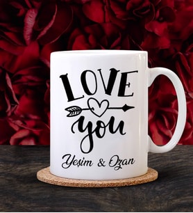 Kişiye Özel Sevgililer Günü Tema Love You Tasarımlı Beyaz Kupa