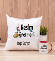Resim Öğretmeni Kare Yastık ve Kırmızı Kupa Bardak