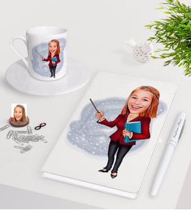 BK Gift Kişiye Özel Bayan Öğretmen Karikatürlü Beyaz Defter Kalem Türk Kahvesi Fincanı Seti-3 (Model 1)