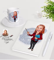 BK Gift Kişiye Özel Bayan Öğretmen Karikatürlü Beyaz Defter Kalem Türk Kahvesi Fincanı Seti-3 (Model 1)