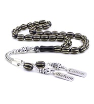 Gümüş İsim Yazılı Sarı Pirinç İşlemeli Oltu Tesbih