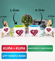 İkili Yeşil Mavi Love Tasarımlı Sevgililer Günü Hediyesi Kupa Bardak Anahtarlık
