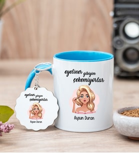 Eyeliner Gibiyim Çekemiyorlar Mavi Kupa Bardak ve Anahtarlık Set