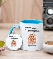 Eyeliner Gibiyim Çekemiyorlar Mavi Kupa Bardak ve Anahtarlık Set