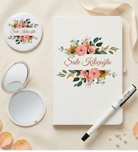 Kişiye Özel Şık Çiçek ve İsim Tasarımlı Beyaz Defter Roller Kalem ve Ayna Seti