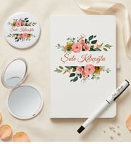 Kişiye Özel Şık Çiçek ve İsim Tasarımlı Beyaz Defter Roller Kalem ve Ayna Seti