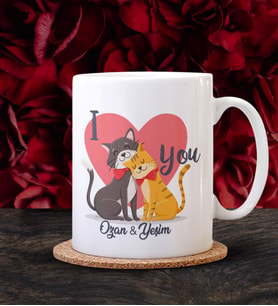 Kişiye Özel Sevgililer Günü I Love Kediler Tasarımlı Beyaz Kupa