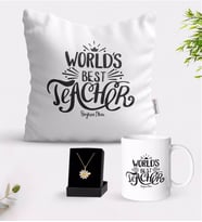 BK Gift Kişiye Özel Dünyanın En İyi Öğretmeni Beyaz Kupa Yastık ve İsimli Papatya Kolye Hediye Seti-30 (Model 1)